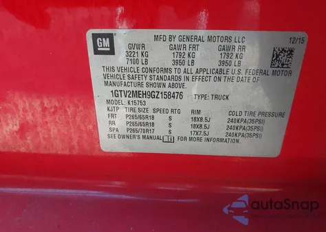 2016 GMC Sierra 1500 Sle z USA, uszkodzony, nr VIN 1GTV2MEH9GZ158476